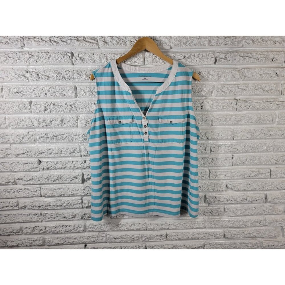 Croft Barrow Womens Top 2X Plus Sleeveless Blue Stripe Quarter Button STR34E